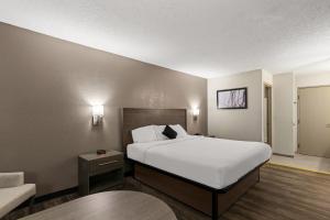 CaseyvilleRed Lion Inn & Suites Caseyville的配有一张床和一把椅子的酒店客房