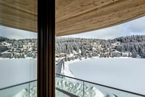 阿罗萨Postresidenz am See的从滑雪小屋的窗户欣赏美景