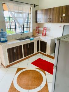 基苏木Yonga Apartment的厨房配有木制橱柜和红色地毯。