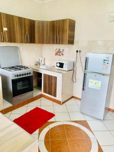 基苏木Yonga Apartment的厨房配有炉灶和冰箱。