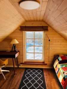 Maja Matsalu luhal的一间卧室配有一张床、一张书桌和一个窗户。