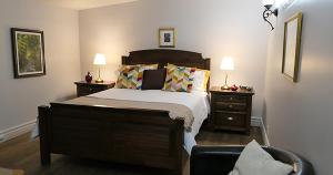 拜圣保罗Auberge La Daïna的一间卧室配有一张带2个床头柜和2盏灯的床。