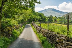 贝德格勒特Sygun Fawr Country House的一条有石墙和山底的道路