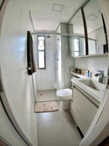 圣保罗Aconchegante na Vila Mariana的一间带卫生间、水槽和镜子的浴室