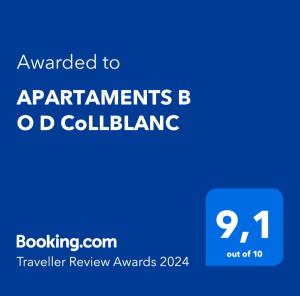 略夫雷加特河畔奥斯皮塔莱特APARTAMENTS B O D CoLLBLANC的蓝色标志,字体升级到公寓b,碰撞