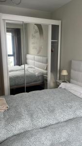 坎丹奇奥Apartamento Riglos2 Candanchu的一间卧室设有两张床和大镜子