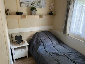 斯塔沃洛La caravane de Maminou的一间小卧室,配有一张床和一张带台灯的桌子