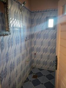 梅尔祖卡Nomad Bivouac的浴室设有蓝色和白色瓷砖淋浴。