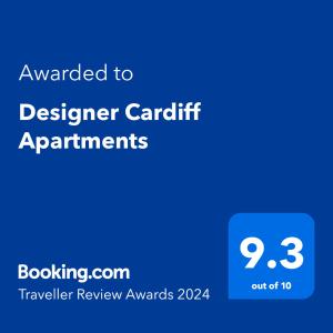 卡迪夫Designer Cardiff Apartments的蓝屏,上面写着名牌凯瑞特公寓