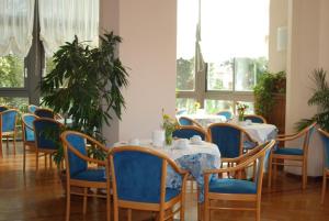 圣雷莫拿破仑酒店的一间设有桌子和蓝色椅子的用餐室,以及窗户。