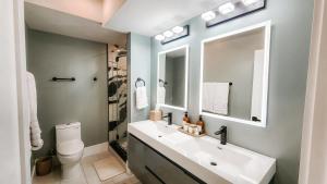 华盛顿Private Modern Luxury Suite in Historic Stone Home的一间带水槽、卫生间和镜子的浴室