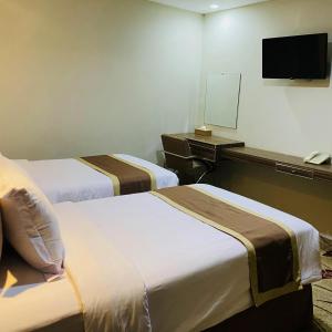 马卡萨菲尼西旅行者酒店的酒店客房设有两张床和电视。