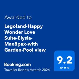 努沙再也Legoland-Happy Wonder Love Suite-Elysia- Max8pax-with Garden-Pool view的一部手机的屏幕,上面有文字想要用来拼凑快乐奇观的爱情套装