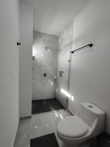 马萨特兰¡Departamento a 5 minutos del Malecón!的带淋浴和卫生间的白色浴室