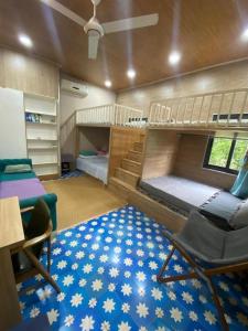 永隆cinderella home stay的一间卧室配有两张双层床,铺有蓝色地毯。
