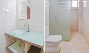 班加罗尔FabHotel Emirates Suites的浴室的两张照片,配有卫生间和水槽
