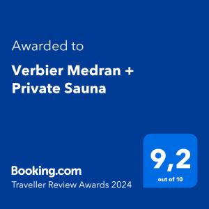 韦尔比耶Verbier Medran + Private Sauna的手机的屏幕,手机的文本被授予验证器中位数的私有