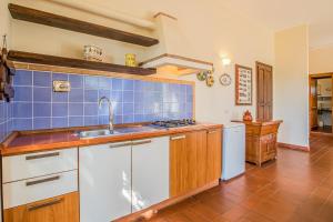 阿祖罗港Casale Le Pitte的厨房配有水槽和蓝色的瓷砖墙壁
