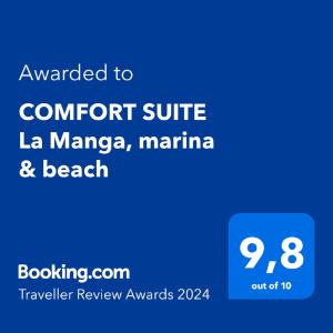 拉曼加戴尔马尔梅纳COMFORT SUITE La Manga, marina & beach的手机的屏幕,带文字升级到舒适的la manaza套房