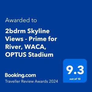 珀斯2bdrm Skyline Views - Prime for River, WACA, OPTUS Stadium的带有文本升级到abraminyiny视图素数的手机的截图