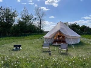 TanderupMellem-rummet Guesthouse & Glamping的田野上带两把椅子和一张桌子的帐篷