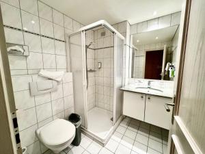 卢特巴赫Parkforum Wylihof的带淋浴、卫生间和盥洗盆的浴室