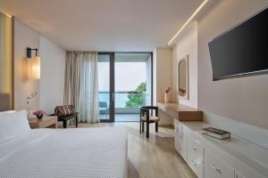 拉瑟White Rocks Hotel Kefalonia的配有一张床和一台平面电视的酒店客房