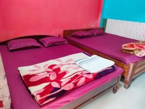 拉塔古里Hotel Green Gold Resort Lataguri的紫色墙壁客房的两张单人床