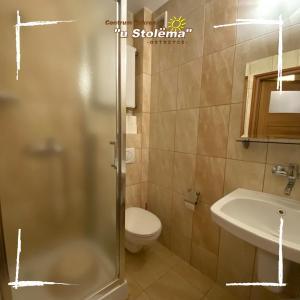 奥斯特基采Centrum Rekreacji U Stolema的带淋浴、卫生间和盥洗盆的浴室