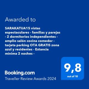 扎鲁亚斯SARAKATUA15 vistas espectaculares - familias y parejas - 2 dormitorios independientes - amplio salón cocina comedor - tarjeta parking OTA GRATIS zona azul y residentes - Estancia mínima 2 noches - julio y agosto de domingo a domingo 7 noches -的电话屏幕上的屏幕,带有升级到saamiatal司法的单词