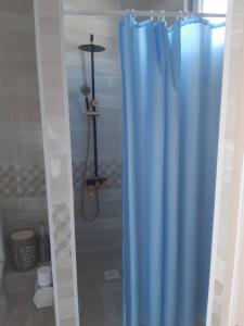 博孔巴耶沃Yurt camp Meiman Ordo的浴室内配有蓝色淋浴帘