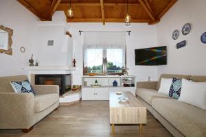 斯科派洛斯Diakopi Villa的客厅配有两张沙发和一张咖啡桌