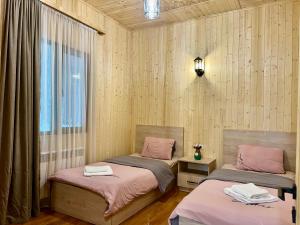 塞凡Milenium magic villa on Sevan beach的客房设有两张床和窗户。