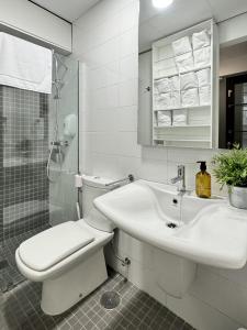 阿尔玛格鲁MANZANO PALACE. Apartamentos con Terraza的白色的浴室设有卫生间和水槽。