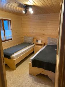 红湖Mountain View Tiny House的小木屋内一间卧室,配有两张床