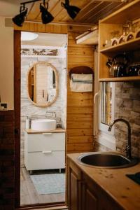 红湖Mountain View Tiny House的一个带水槽和镜子的小厨房