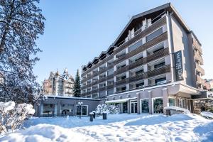 弗利姆斯Studio im Hotel Des Alpes的雪地中的一座建筑,有雪地覆盖