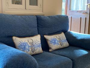 Cabezón de LiébanaApartamentos Calm & Nature en Liebana的蓝色的沙发,配有两个枕头