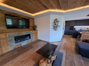 卢塔戈Nature luxury Chalet INSToul的客厅设有壁炉和电视。