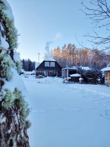 GinučiųTrainiškio pirkia的前面的地面上积雪的房子