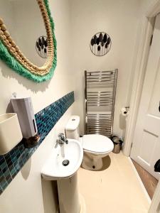 都柏林Liffey Valley Homestay的一间带卫生间、水槽和镜子的浴室