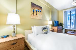 魁北克市上城公寓的卧室配有一张墙上的蓝色鸟床