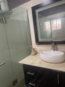 AbeokutaÌtùnú at Molara's Villa的一间带水槽和玻璃淋浴的浴室