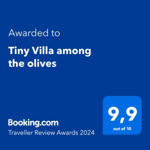 海若克利欧Tiny Villa among the olives的蓝屏,上面有文字,希望在橄榄树中尝试别墅