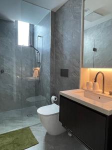 悉尼Modern Apartment St Leonards的浴室配有卫生间、盥洗盆和淋浴。