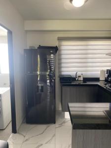 阿卡普尔科Apartamento en planta baja的一间厨房,里面配有大型黑冰箱