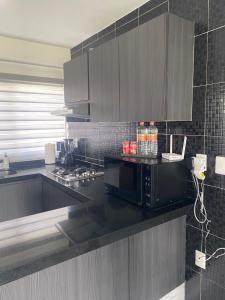 阿卡普尔科Apartamento en planta baja的厨房配有带微波炉的黑色台面
