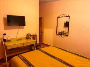 帕纳哈切尔Casa Esperanza的一间卧室配有一张床、一张书桌和一面镜子