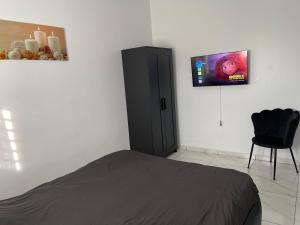 帕拉马里博Luxe appartementen Paramaribo Noord的一间卧室配有一张床,墙上配有电视