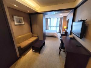 釜山W Residence Hotel Centum City的一间配备有沙发及电视的酒店客房